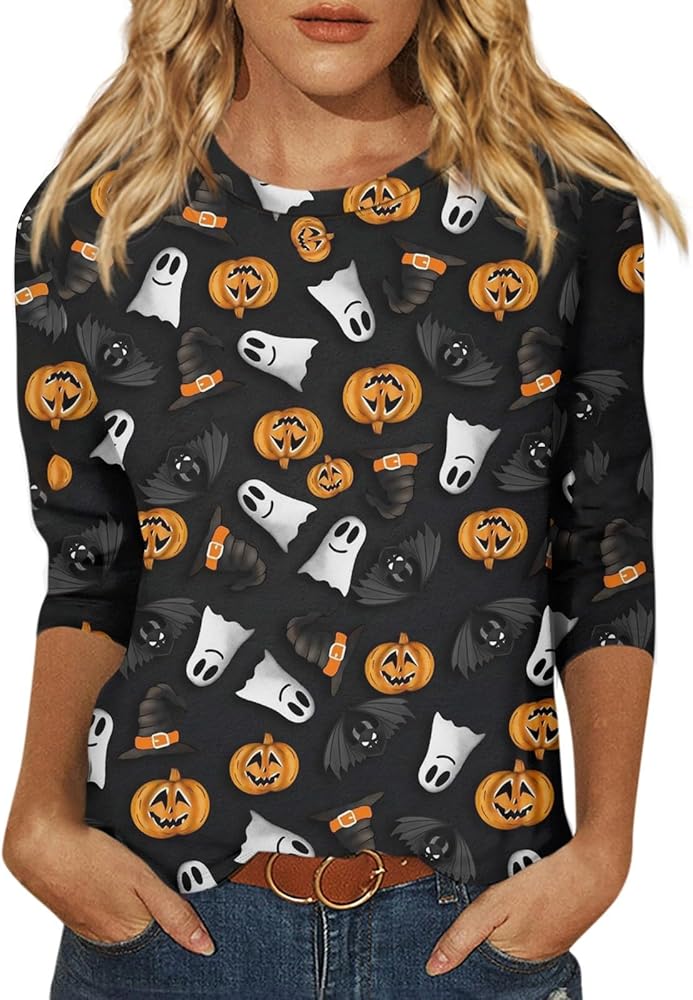 Women Halloween Costumes 3/4 Sleeve Round Neck Trendy Clothing Graphic Tops Printed Blouses Loose Tunics Casual Tees