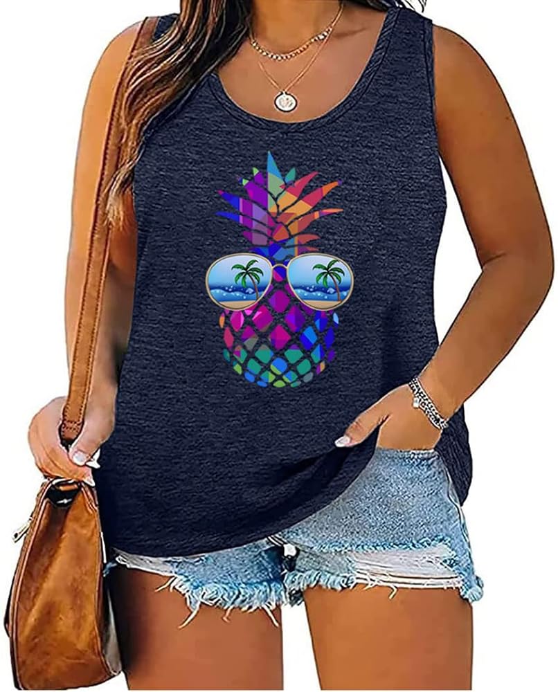 Women's Plus Size Summer Pineapple Sunglasses Tank Tops Hawaiian Graphic Printed Tees Sleeveless Vacation T Shirt Blouse Top