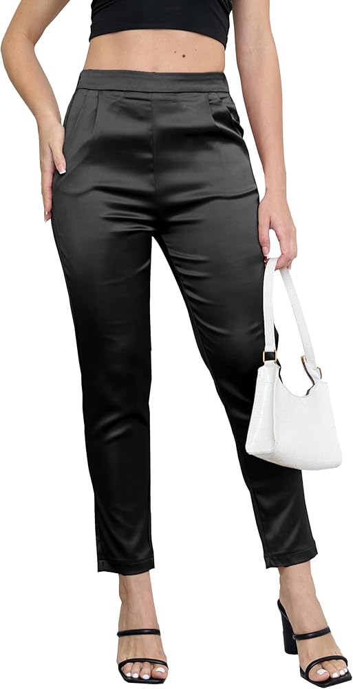 Women's Tapered Satin Pants Elastic Waist Business Work Casual Ankle Cropped Shiny Pants with Pockets