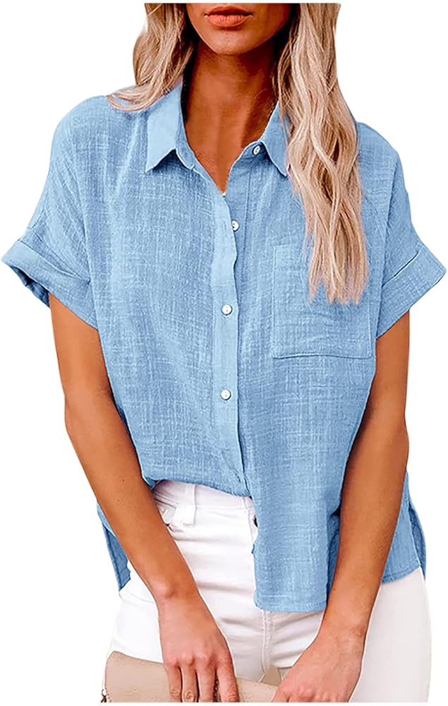 Linen Tops for Women Trendy Summer Collared Button Down Shirt Casual Basic Short Sleeve Work Shirt with Pocket Blouse