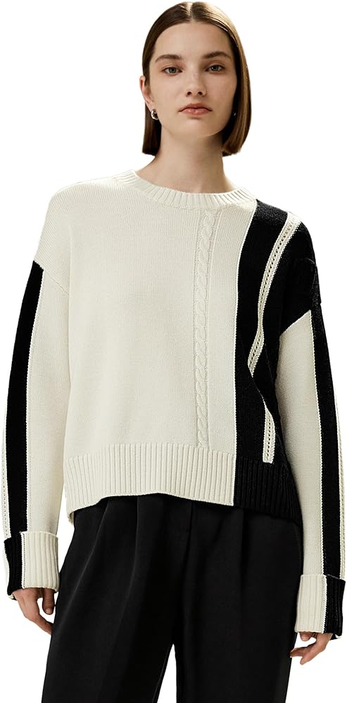 LilySilk 100% Wool Sweater for Women Oversized Pullover Long Sleeve Ladies Bicolor Stripe Knit Soft Casual Lightweight