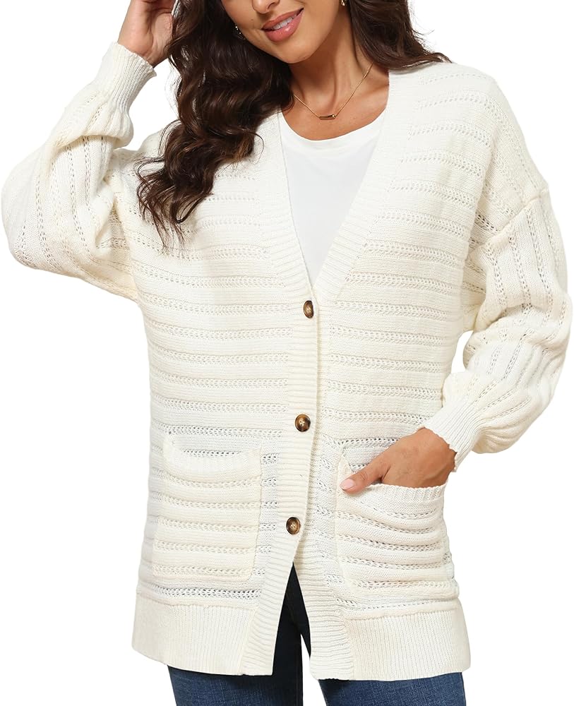 Women's Cardigan Sweaters Button Open Front Long Sleeve Chunky Cable Knit Outwear Coats with Pockets