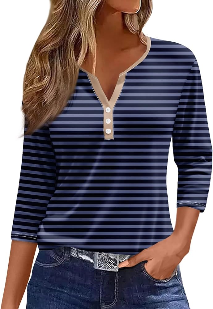 Cute Summer Tops for Women 3/4 Sleeve Button Down Tops Trending Striped Print Shirts Cute Plus Size Tunic