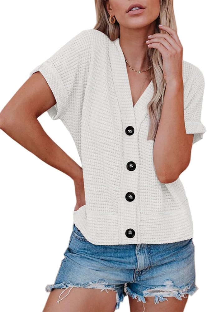 Womens V Neck Waffle Knit Button Cardigan Henley Tee Shirts Short Bat Sleeve Tops Rolled Sleeve Casual Loose Soild Flowy