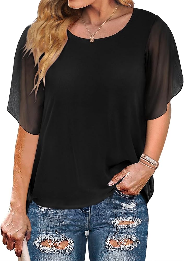 IN'VOLAND Plus Size Women Chiffon Blouse Batwing Sleeve Tops Scoop Neck Tunic Shirts