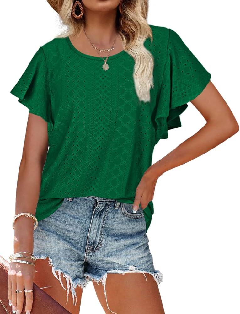 WIHOLL Womens Tshirts Loose Fit Crew Neck Ruffle Sleeve Summer Casual Tops