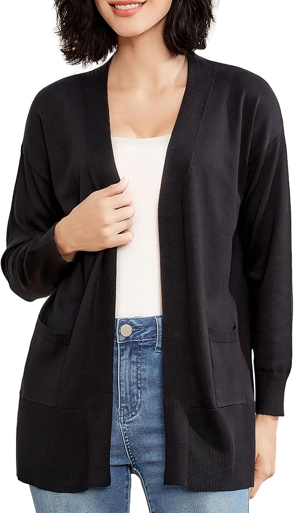 Women's Open Front Cardigan with Pockets Long Sleeve Solid Color Lightweight Knit Sweater