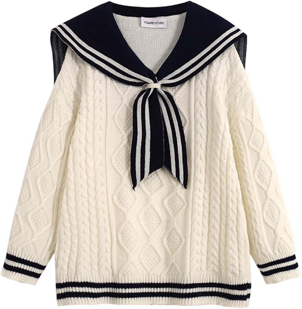 Japanese Lolita Uniform Sailor Collar Kawaii Cute Sweaters Soft Tops Loose Casual Cable Knit Long Sleeve Pullover Tops