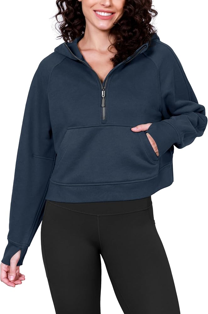 ODODOS Half-Zip Hoodies for Women Fleece Lined Cropped Sweatshirts Pullover Long Sleeve Sweater Thumb Hole