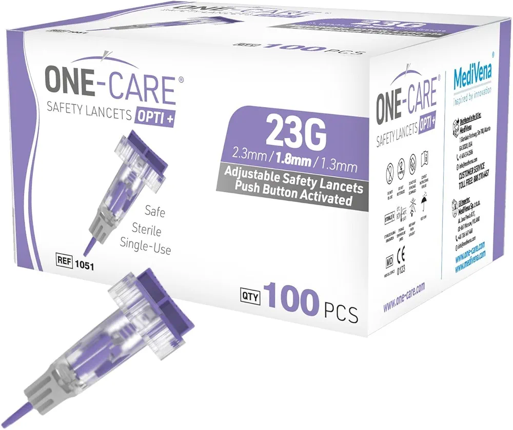 ONE-CARE OPTI+ Adjustable Safety Lancets 23G x 3 Depth Setting (1.3 I 1.8 I 2.3mm), Preloaded, Gentle, Sterile,100/bx