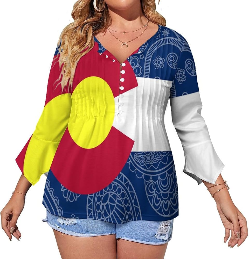 Colorado State Paisley Flag Cute Womens T-Shirts 3/4 Sleeve Button Down Tee Tops Blouse Summer Beach