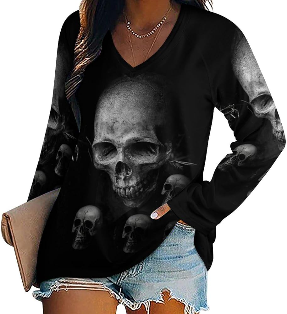 Scary Dark Skull Casual Womens T-Shirts V-Neck Basic Tee Tops Long Sleeve Loose Fit Blouses