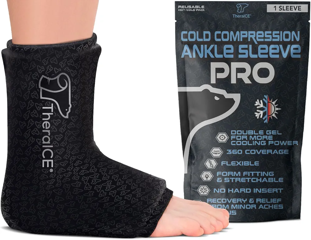 TheraICE Ankle Ice Pack Wrap PRO for Swelling, Reusable Ankle Ice Pack for Sprained Ankle Injuries, Cold Therapy, Plantar Fasciitis Relief, Achilles Tendonitis, FocusZones for Extra Cooling & Pressure