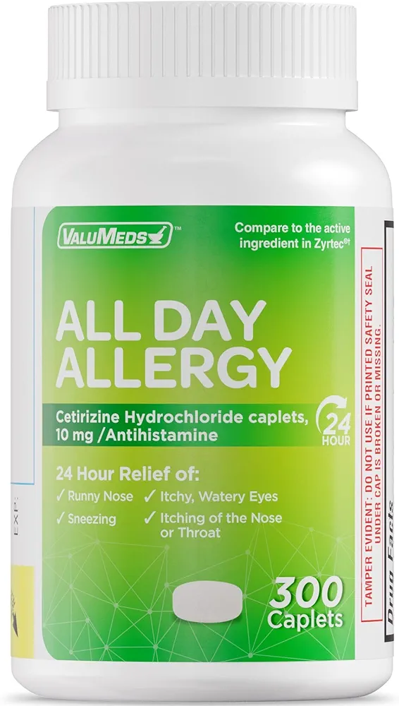 ValuMeds 24-Hour Allergy Medicine (300-Count) Antihistamine for Pollen, Hay Fever, Dry, Itchy Eyes, Allergies | Cetirizine HCl 10mg Caplets, Compare to Zyrtec