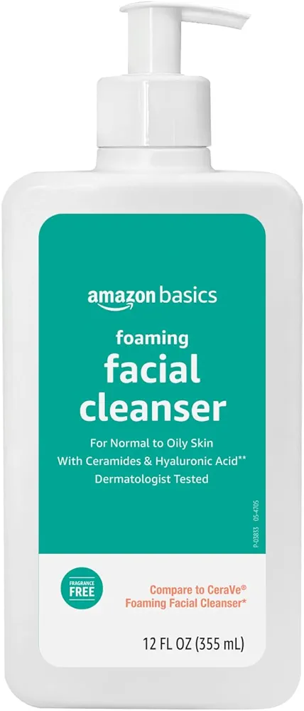 Amazon Basics Foaming Facial Cleanser with Ceramides & Hyaluronic Acid, Fragrance-Free, 12 Fl Oz, Pack of 1