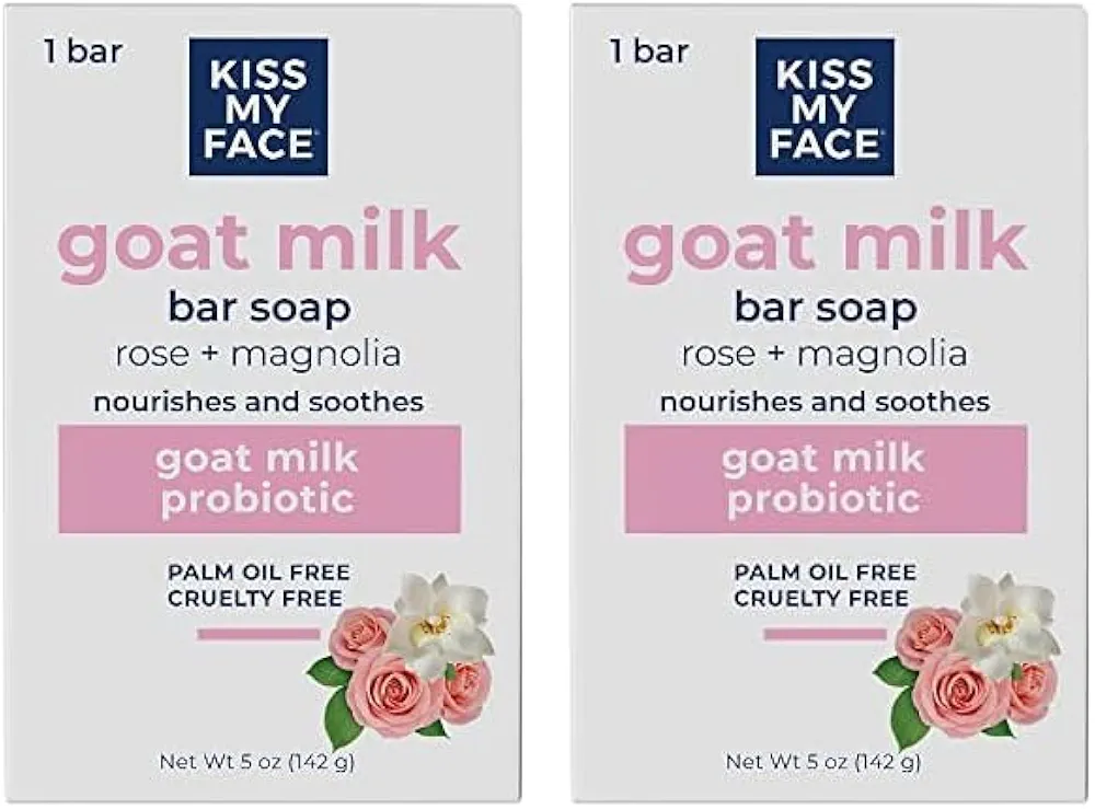 Kiss My Face Goat Milk Bar Soap - Rose + Magnolia - Probiotic Goat Milk Soap Bar - Cruelty Free and Palm Oil Free (Rose + Magnolia, Pack of 2)