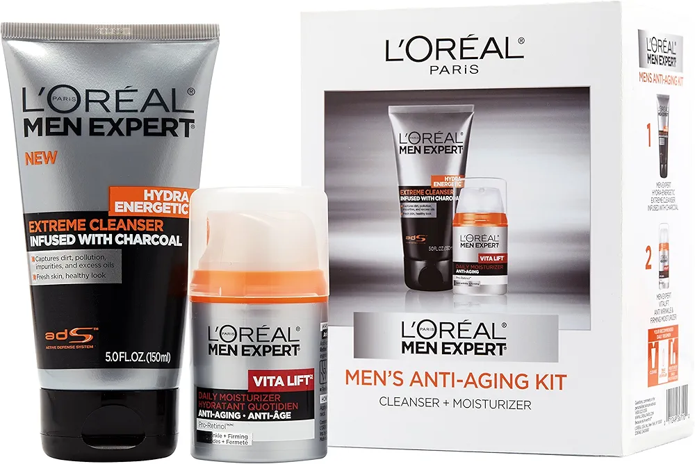 L'Oreal Paris Men Expert Charcoal Facial Cleanser & Anti-Wrinkle & Firming Face Moisturizer Gift Set (Set of 2)