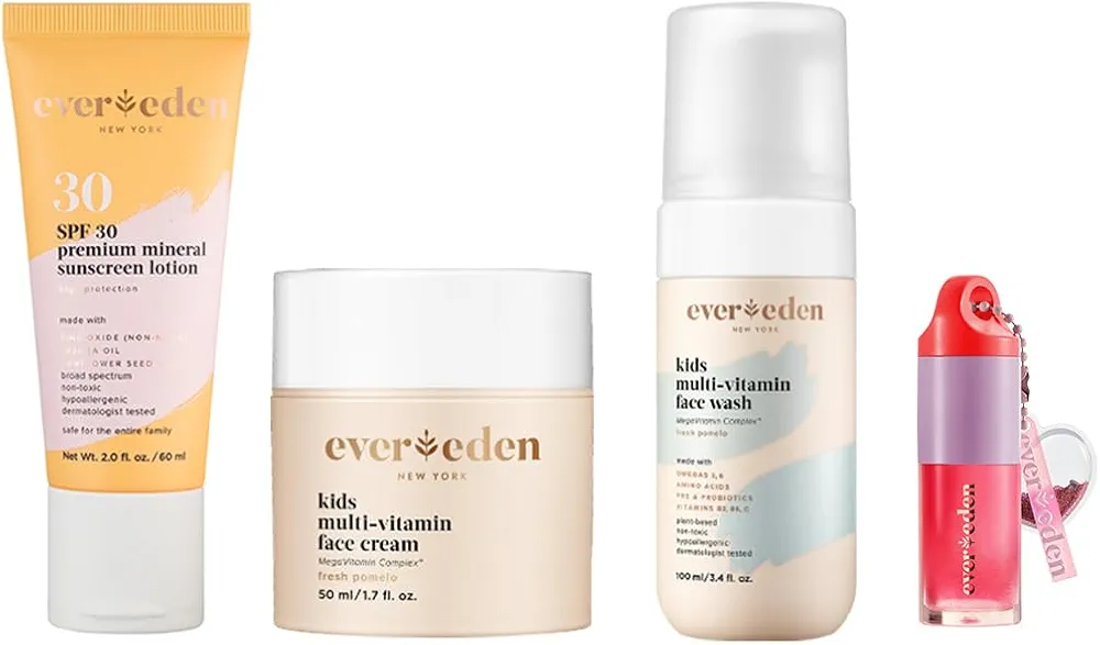 Evereden Daily Routine Set & Non-Toxic Lip Gloss: Clean & Vegan Skin Care for Kids - Nourishing Tween Skincare with Multi-Vitamin Face Wash, Face Cream, SPF 30 Sunscreen & Tinted Lip Gloss