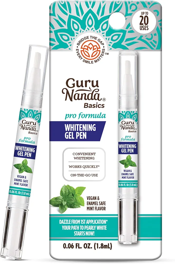 GuruNanda Teeth Whitening Pen,(0.06 fl oz)-20 Uses, Pro Formula - Hydrogen Peroxide Whitening Gel Pen, Enamel-Safe, Cruelty-Free, Vegan, Mint Flavor