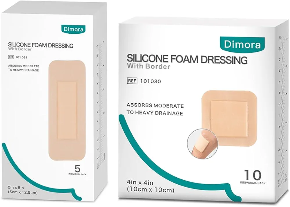 Dimora Foam Wound Dressing 2"x5" 5 Pack + Silicone Foam Dressing with Border Adhesive 4"x4" 10 Pack