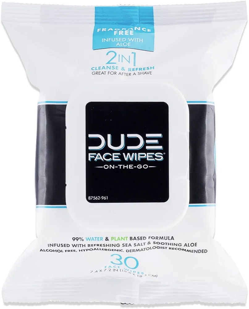 DUDE Wipes - 30 Unscented Face & Body Wipes with Sea Salt & Aloe - Alcohol Free Hypoallergenic Cleansing Wipes