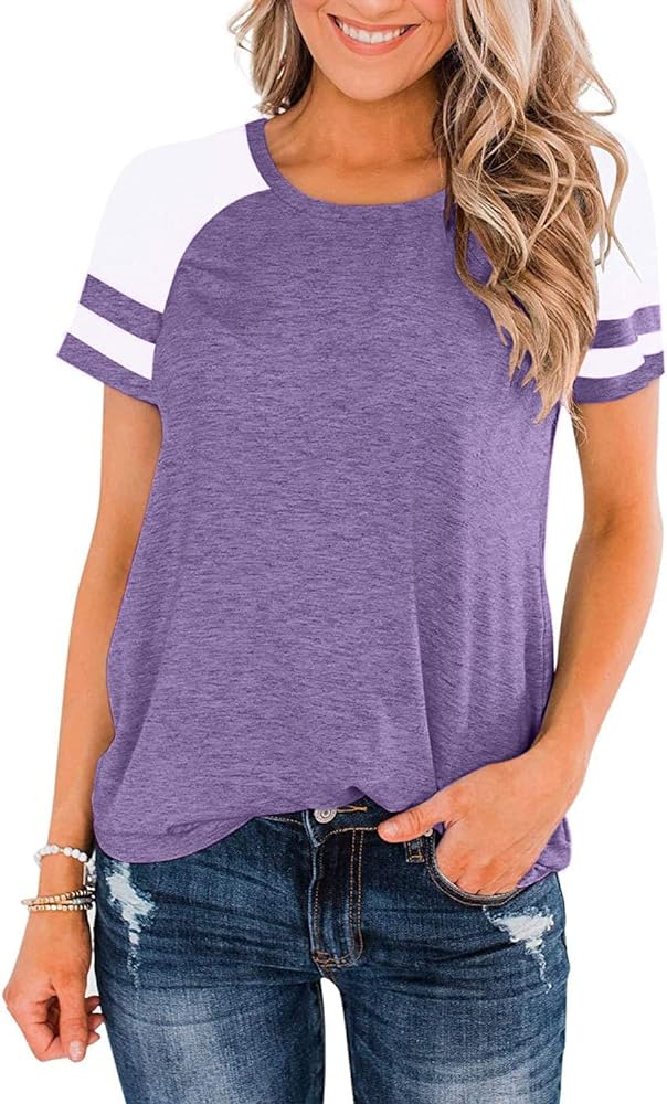 Heymiss Womens Shirts Casual Tunic Tops Color Block Crewneck Summer Loose Fitting Workout Tee Shirts