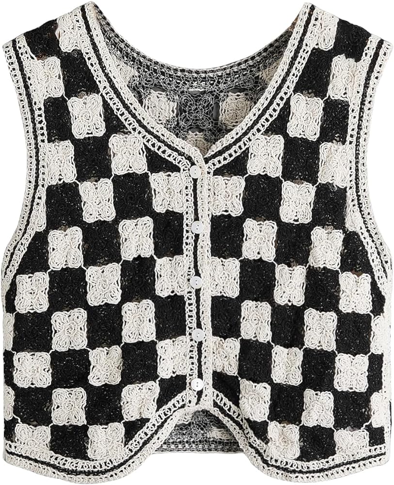 Verdusa Women's Button Front V Neck Sleeveless Crochet Plaid Checkered Knit Sweater Vest