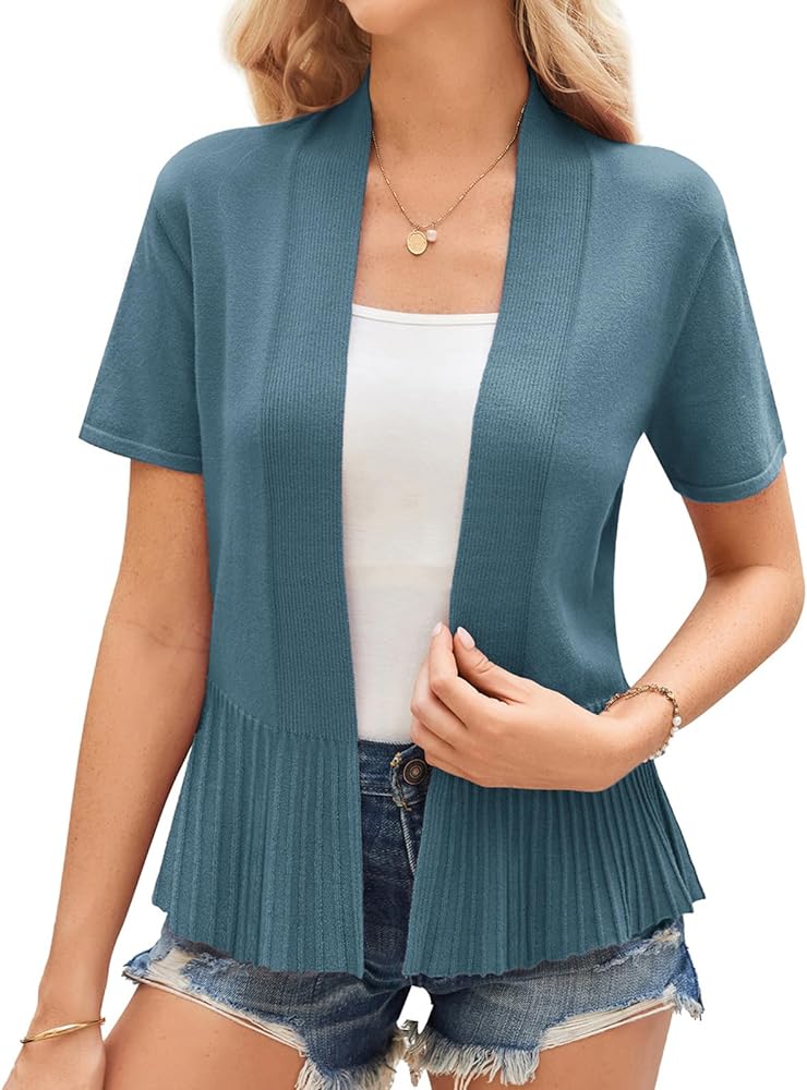 GRACE KARIN Women's Casual Lightweight Open Front Cardigans Soft Draped Ruffles Short Sleeve Cardigan Blue-Short Sleeve L