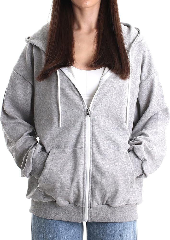 Oversized Women's Casual Full-Zip Hoodie Lightweight Long Sleeve Sweatshirt Casual Jacket with Pocket