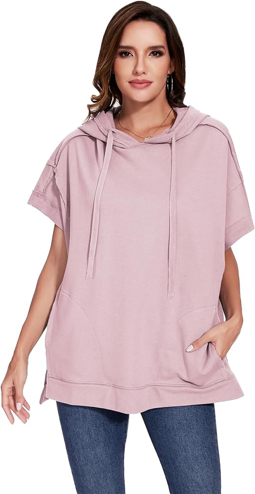 Anna-Kaci Womens Oversized Short Sleeve Hoodie Side Slits Pullover Sweater Top