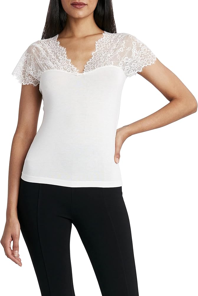 BCBGMAXAZRIA Women's Short Sleeve Top with Lace