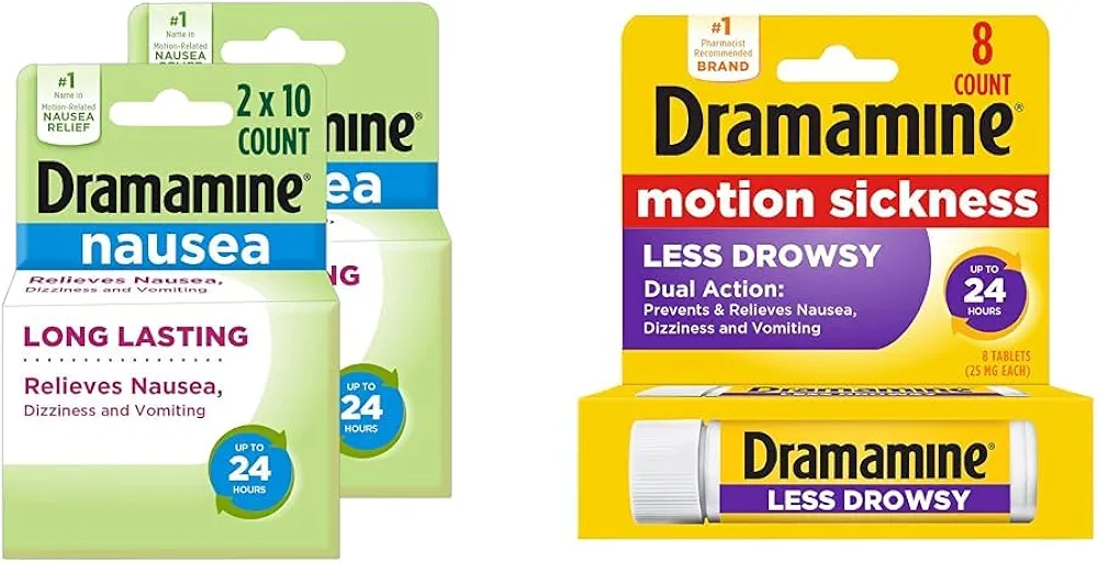 Dramamine Nausea Long Lasting 10 Count 2 Pack and Motion Sickness Relief Less Drowsy 8 Count