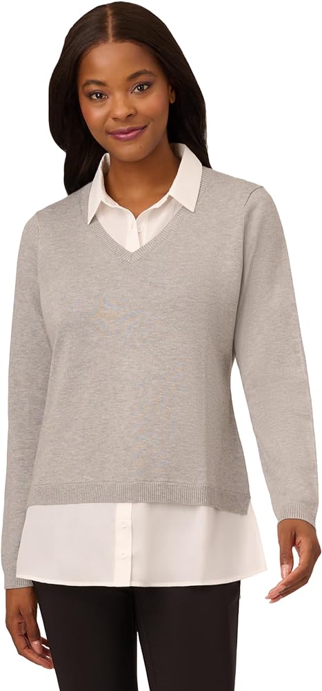 Adrianna Papell Women's Solid V-Neck Twofer Sweater