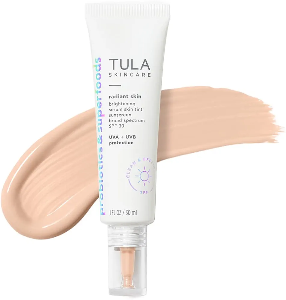 TULA Skin Care Radiant Skin Brightening Serum Skin Tint SPF-Facial Sunscreen Provides Broad Spectrum SPF 30 Protection, Tinted, Serum-Light Formula Brightens and Evens Skin-Shade 03, 1.0 fl oz.