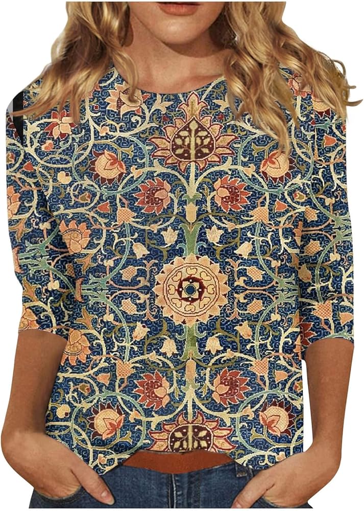 Womens Tops Trendy Summer 3/4 Sleeve Shirts Casual Floral Print Blouses Round Neck Cute Tunic Tops Plus Size S-5XL