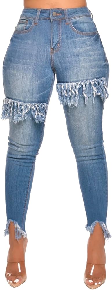 FairBeauty Women's Skinny Stretch Jeans Frayed Raw Hem Slim Fit Jeans Ripped Denim Pants