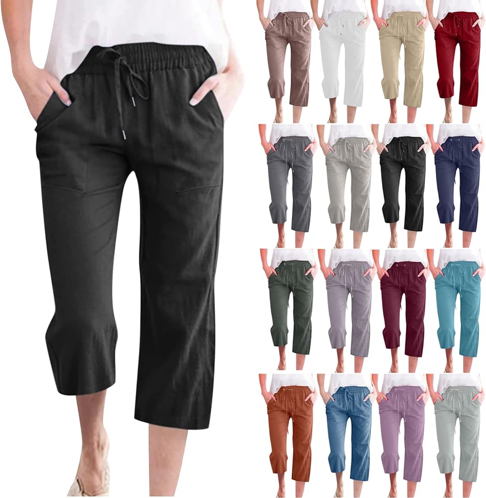 Cotton Linen Pants for Women Trendy 2024 High Waist Drawstring Cropped Pant Trousers Casual Summer Wide Leg Capris