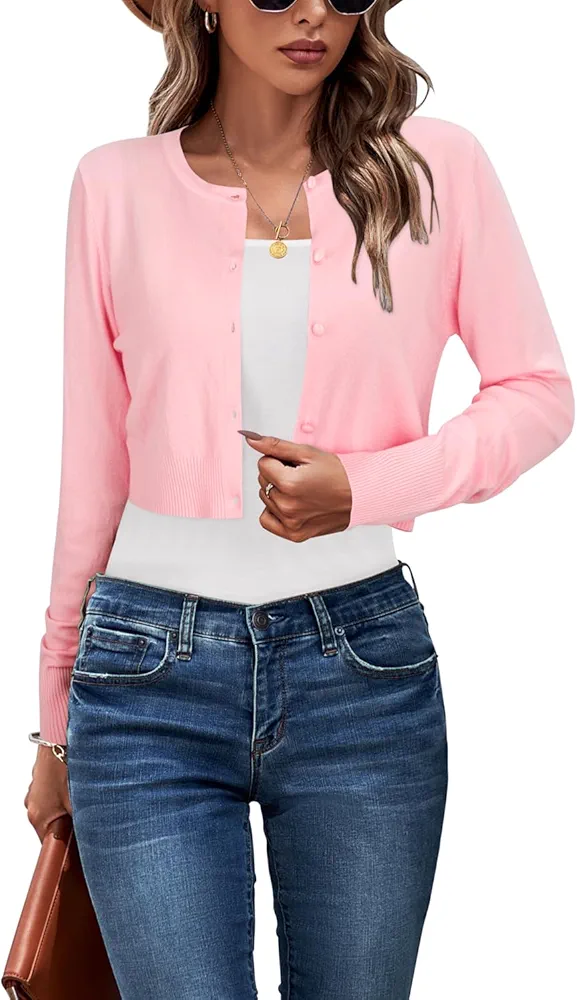 Newshows Cropped Cardigan Sweaters for Women 2024 Crew Neck Button Down Open Front Knit Bolero Shrugs