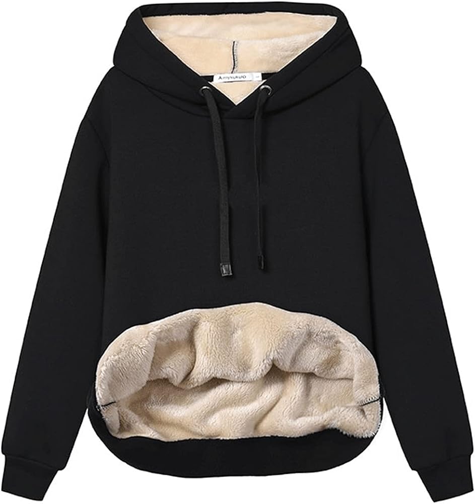 Gnveub Women's Casual Winter Warm Fleece Sherpa Lined Hooded Sweatshirt Thick Pullover Plus with Pockets