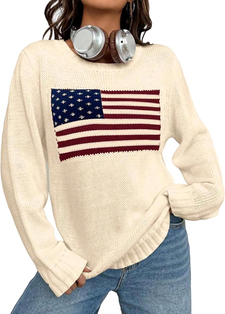 MARZXIN Womens Casual Sweater Long Sleeve Round Neck American Flag Loose Pullovers