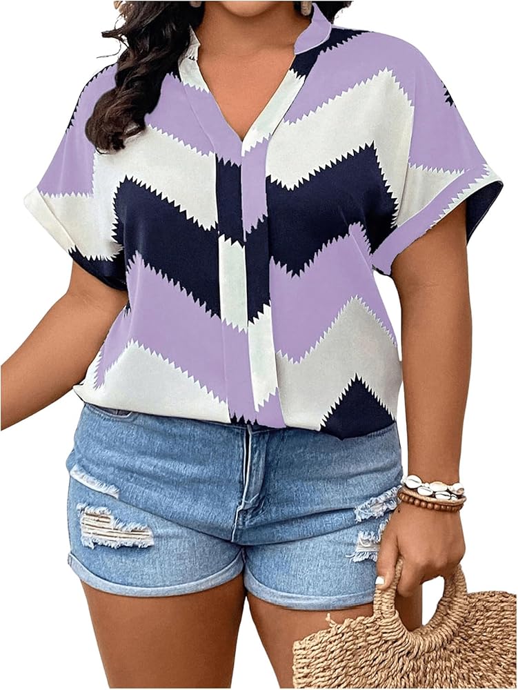 SOLY HUX Women's Plus Size Blouses Boho Chevron Print V Neck Loose Casual Summer Blouses T-Shirts Tops