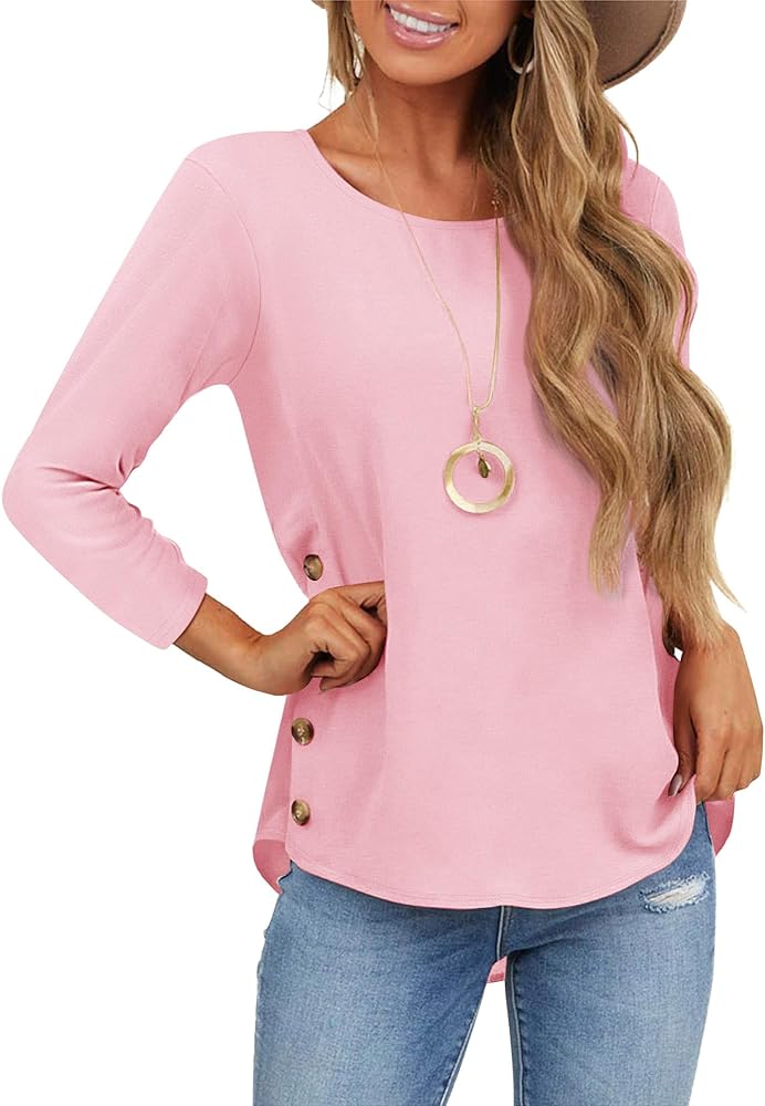 TICTICMIMI Womens Fall Tops 3/4 Sleeve Shirts Casual Crew Neck T Shirts Pullover Tunics Side Buttons