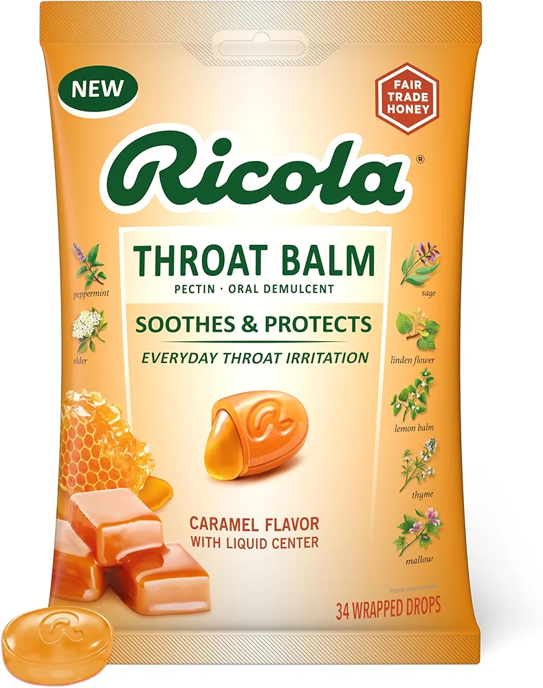 Ricola Throat Balm Caramel Throat Drops with Liquid Center, 34 Count, Coat & Protect Your Throat, Daily Throat Relief & Protection, Oral Demulcent