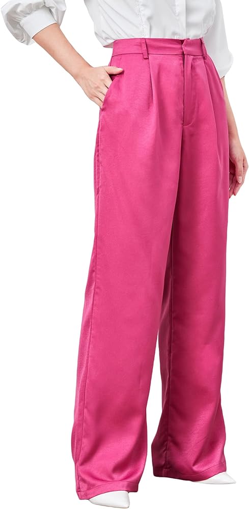 MakeMeChic Women's Satin Silk High Waisted Wide Leg Pants with Pockets