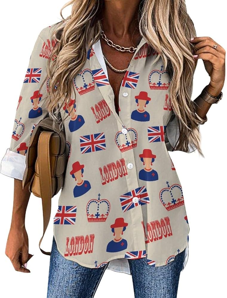 Vintage Landon British Flag Classic Shirts for Women Long Sleeve Blouse Casual V Neck Tee Tops Work Office