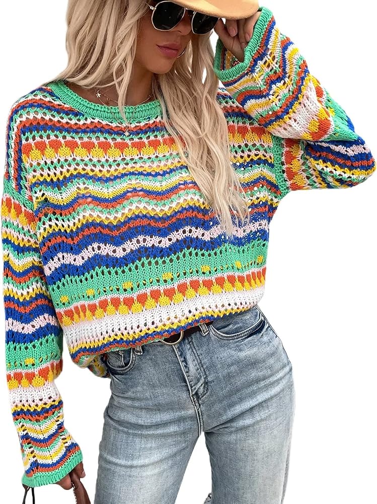 YUAKOU Womens Cute Elegant Soft Crewneck Long Sleeve Hollow Cable Stripe Knit Pullover Sweaters