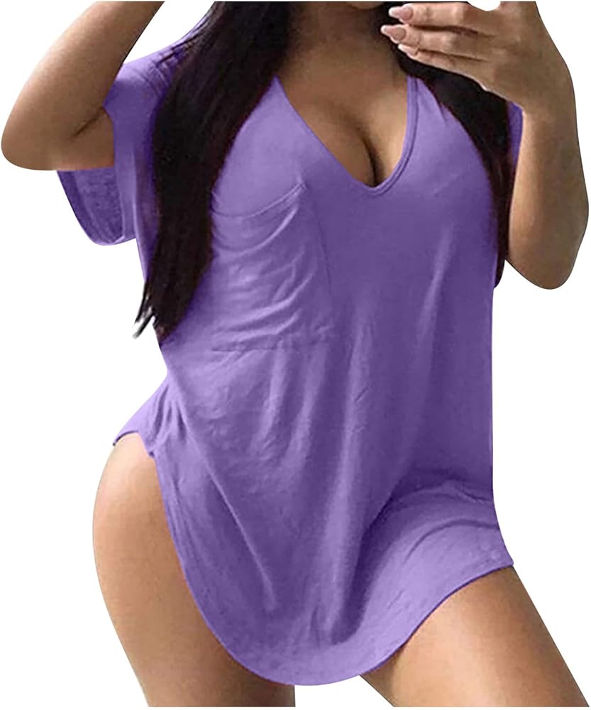 Oversized Shirts for Women Short Sleeve Low Cut V Neck Sexy Casual Solid Blouses Summer Tops Plus Size.S-5XL