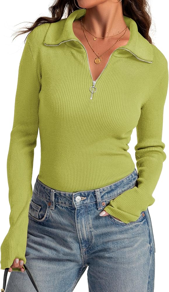 Prettywear Women's Quarter Zip Pullover Sweaters 2024 Long Sleeve Collared Slim Fit Ribbed Knit Business Casual Fall Top