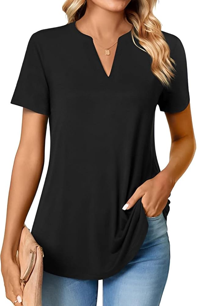 Neineiwu Women Casual Split V Neckline Loose Tunic Blouses Short Sleeve Tops