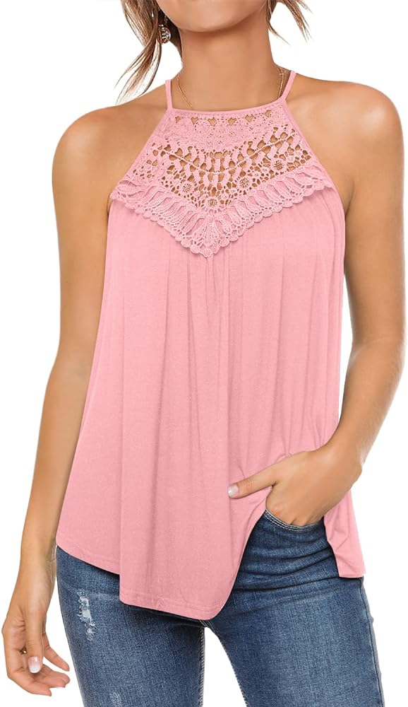 MIHOLL Womens Tank Tops 2024 Summer Casual Halter Neck Spaghetti Strap Sleeveless Tops Lace Flowy Loose Shirts